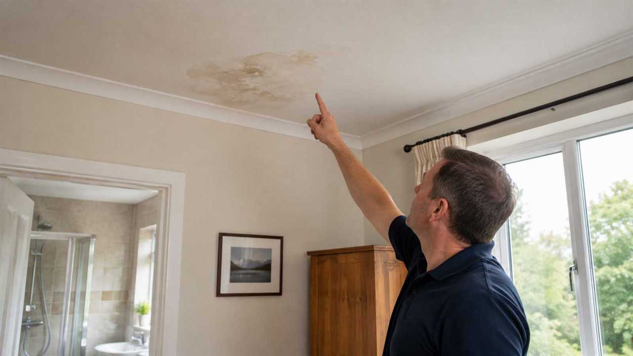 Small damp patch and water staining on a ceiling below a bathroom